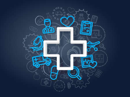 Modern style illustration of medical cross and different icons for Healthcare concept. 3d realistic integrated icons set on chalkboard with hand drawn doodle pictograms. Vector sketch illustration.のイラスト素材