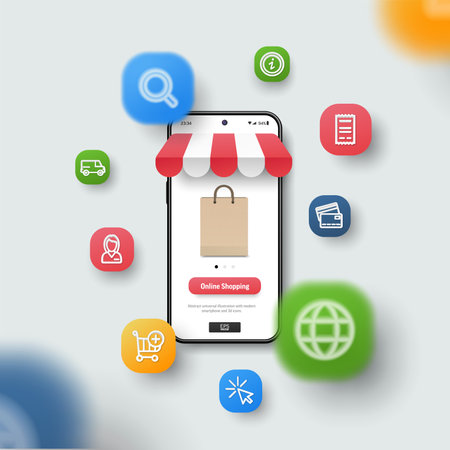 Online shopping, Marketing and Commerce concept. Realistic smartphone mockup, 3d icons flying over screen. Business application interface design. Vector background, transparent shadows, blur effect.のイラスト素材