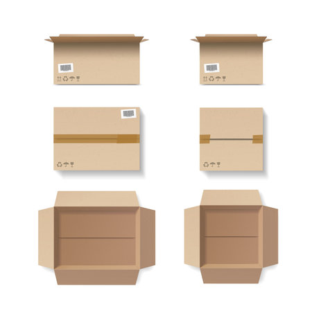 Set of closed and open cardboard boxes with tape, icons and stickers. 3D Vector mockup Isolated on white background, transparent shadows and textures. Top and front viewのイラスト素材
