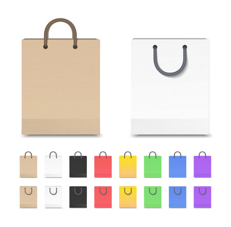 Realistic detailed shopping bag with string handle. Color paper, cardboard textures set. Mockup for online shop, market, commerce and retail. 3d Vector illustrationのイラスト素材