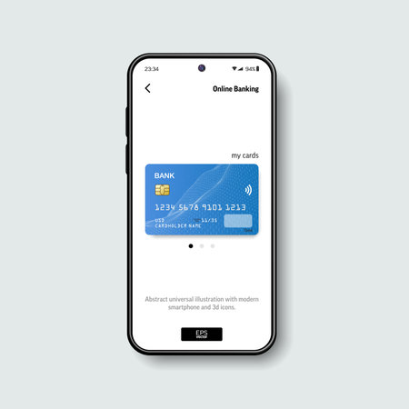 Realistic smartphone and plastic credit card. 3d mobile phone and card with chip on screen . Vector template for nfc technology, online payment, bank application design. Shopping, web finance conceptのイラスト素材