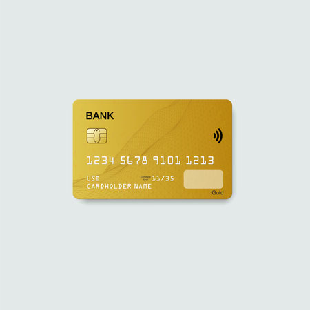 Gold credit card isolated on grey background with transparent shadow. Vector, eps 10. Detailed glossy bank card concept. Abstract design for business, payment history, online shopping, web, banking.のイラスト素材
