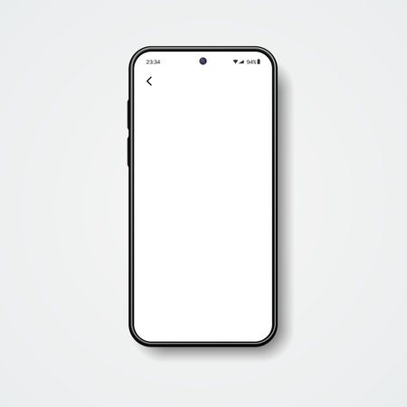 Realistic smartphone mockup with blank screen for aaplication design. Mobile phone display template isolated on white background with transparent shadow. Realistic vector 3d illustration.のイラスト素材