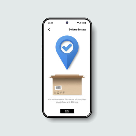 Realistic smartphone mockup with map pin, check symbol and open cardboard box on screen for. Online order tracking, delivery success, fast shipping and logistic concept. 3D Vectorのイラスト素材