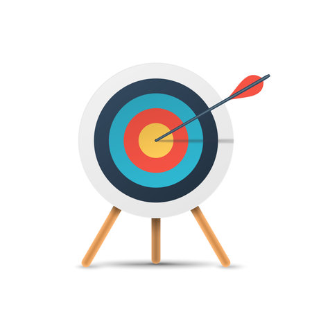 Target with arrow, standing on a tripod. Goal achieve, strategy, success, solution concept. 3d realistic vector illustration isolated on white background. Transparent shadowsのイラスト素材