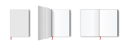 Blank book or notepad mockup. Notebook and bookmark template in different views isolated on white background, transparent shadows. Realistic blank booklet cover, brochure surface 3d vector set.のイラスト素材