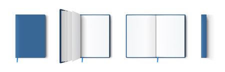 Blank blue book or notepad mockup. Notebook and bookmark template in different views isolated on white background, transparent shadows. Realistic blank booklet cover, brochure surface 3d vector set.のイラスト素材