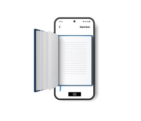 Open paper book on screen of mobile phone. Digital literature for learning and reading online. 3D Realistic vector illustration on white background. Education, electronic library, knowledge conceptのイラスト素材