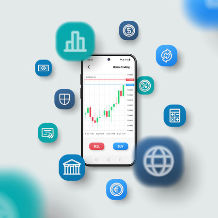 Online trade, Market investment, candlestick chart concept. Realistic smartphone mockup, 3d icons flying over screen. Business application, stock sell and buy button. Vector background, blur effect.のイラスト素材