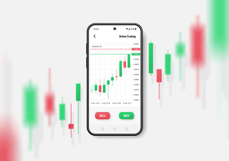 Realistic smartphone mockup. 3d candlestick chart of stock sale and buy. Market investment, online trade on mobile phone. Vector transparent shadow, blur effect. Business application interface design.のイラスト素材