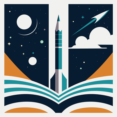 Pencil rocket launch. Universe inside the book, concept of online education and training. Science fiction. Creativity learning, inspiration, welcome back to school background. Vector illustration.のイラスト素材