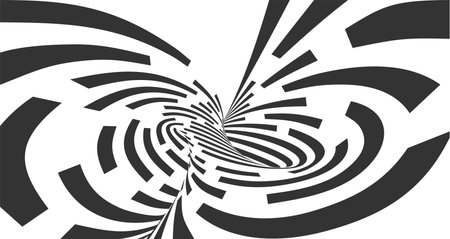 3D black white lines, perspective loop, digital abstract swirl vector background. Linear infinity illustration, op art, optical illusion dynamic wallpaper. Tunnel, internet, network connection conceptのイラスト素材