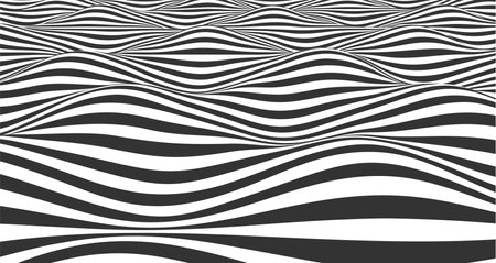 Abstract black and white striped 3d waves. Vector optical illusion. Ocean, sea art pattern. Linear op art dynamic wallpaper. Storm effect backdrop monochrome illustration. Lines in perspective, retroのイラスト素材