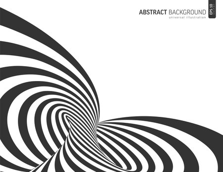 3D black white lines, perspective loop, digital abstract swirl vector background. Linear infinity illustration, op art, optical illusion dynamic wallpaper. Tunnel, internet, network connection conceptのイラスト素材