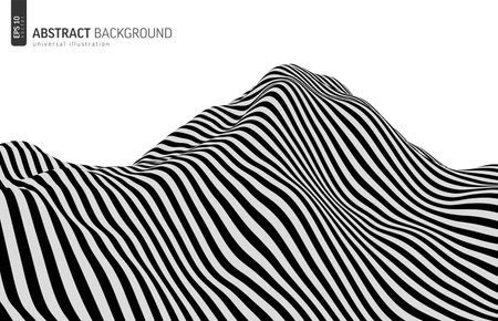 Abstract mountain landscape background. Terrain. Black and white perspective sea wave lines. Pattern with optical illusion. 3D Vector minimal illustration. Technology cyberspace. Striped hillのイラスト素材