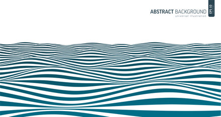 Abstract blue and white striped 3d waves. Vector optical illusion. Ocean, sea art pattern. Linear op art dynamic wallpaper. Storm effect backdrop monochrome illustration. Lines in perspective, retroのイラスト素材