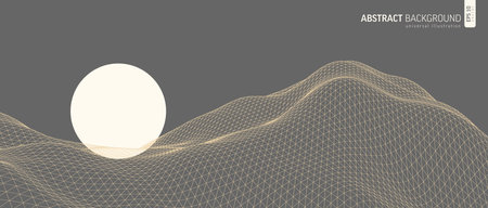 Mountains, sun, valleys and hills vector landscape. Abstract wireframe grid background. 3D grid technology illustration. Digital cyberspace, terrain. Perspective sea wave lines. Geometric patternのイラスト素材
