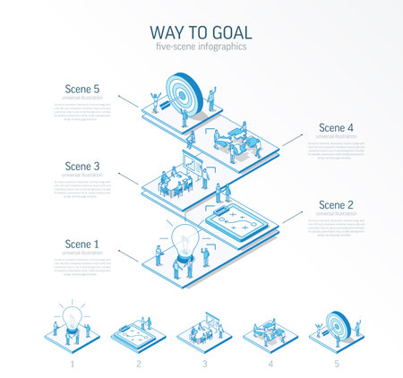 3d line isometric way to goal infographic template. Development process presentation layout. 5 option steps, process parts, growth concept. Business people team. Strategy, market success solution iconのイラスト素材