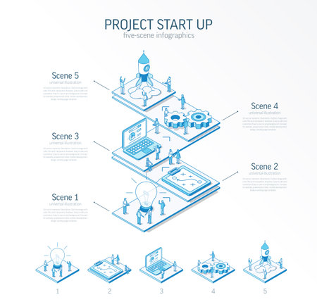 3d line isometric Project Start Up infographic template. Success startup, innovation product presentation layout. 5 option steps, process parts growth concept. Business people team. Rocket launch iconのイラスト素材