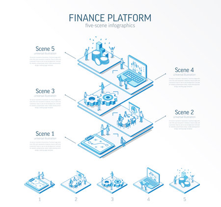 3d line isometric finance platform infographic template. Bank data analysis, presentation layout. 5 option steps, process parts, growth concept. Business people team. Analytics, fintech, money iconのイラスト素材