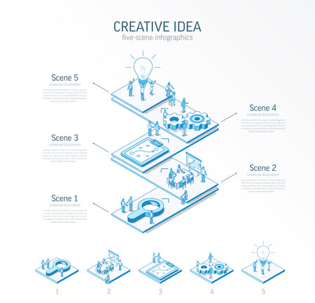 3d line isometric innovative creative idea infographic template. Startup, teamwork presentation layout. 5 option steps, process parts, growth concept. Business people team. Bulb, grow up, plan iconのイラスト素材