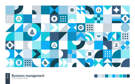 Business Process Geometric Retro Pattern. Manage Abstract Shape Background. Vector Art. Market Poster, Strategy Banner, Presentation Cover. Triangle, Square, Circle Forms. Success, Office, Goal iconのイラスト素材