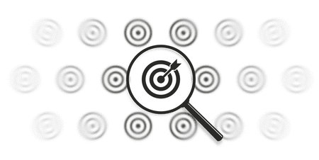 Search goal, SEO, market idea, problem solution concept. Business target, arrow icon pattern. Magnifying glass zoom. Focus lens, transparent blur, morphism effect. Dot halftone, noise textureのイラスト素材