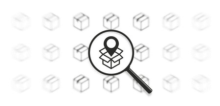 Logistic, cargo delivery, distribution track service concept. Map pin, post box storage, shipping icon. Magnifying glass zoom. Focus lens, transparent blur, morphism effect. Grain noise texture.のイラスト素材