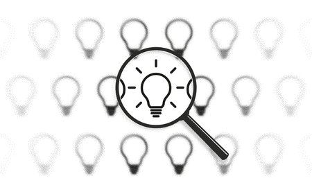 Select good idea, find solutions, search inspiration concept. Success, think, light bulb icon. Magnifying glass zoom. Focus lens, transparent blur, morphism effect. Grain, dot halftone, noise texture.のイラスト素材