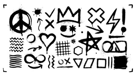 Set of black graffiti spray pattern. Heart, crown, thunder symbol collection. Arrow, infinity, wave geometric shapes. Circle, square, triangle graphic design element. Peace, freedom street art conceptのイラスト素材