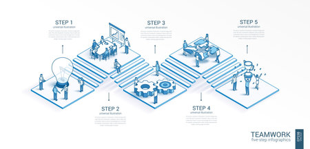 3d line isometric teamwork infographic template. Office work. success, communication presentation layout. 5 option steps, process parts, growth concept. Business people team. Cooperation, trophy icon.のイラスト素材