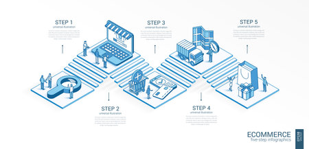 3d line isometric ecommerce infographic template. Online shop, customer journey presentation layout. 5 option steps, process parts growth concept. Business people team. Market consumer experience iconのイラスト素材