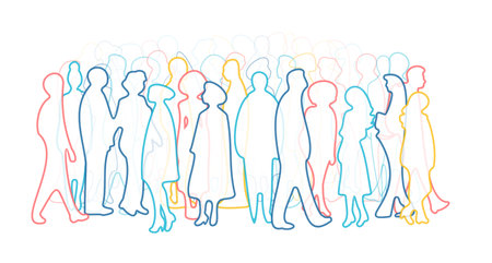 Abstract people silhouettes. Color line draw vector illustration. Diverse crowd. Community, society, different personalities and cultures make population. Multicultural, International rights concept.のイラスト素材