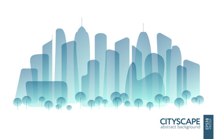 Futuristic cityscape flat art illustration. Overlay future city panorama. Abstract town landscape. Urban skyline with downtown skyscrapers, office buildings, park. Modern architectural exteriorのイラスト素材