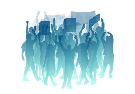 Abstract people silhouettes. Hands up, hold banners. Social conflict illustration. Diverse crowd, community, society. Protest strike, revolution picket concept. Public manifest abstract vector artのイラスト素材