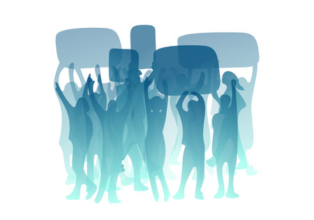 Abstract people silhouettes. Hands up, hold banners. Social conflict vector illustration. Diverse...