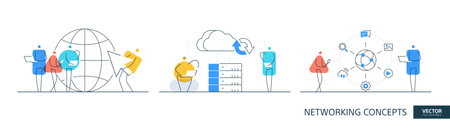 Cloud storage illustrations set in thin line style. Global server abstract linear vector design concepts. Network security flat icons. Tiny geometric people team.のイラスト素材