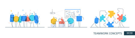 Office partnership illustrations set in thin line style. Cartoon puzzle abstract linear vector design concepts. Happy connection flat icons. Tiny geometric people teamのイラスト素材