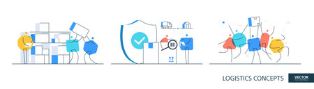 Warehouse cargo illustrations set in thin line style. Package storage abstract linear vector design concepts. Forklift logistics flat icons. Tiny geometric people team.のイラスト素材