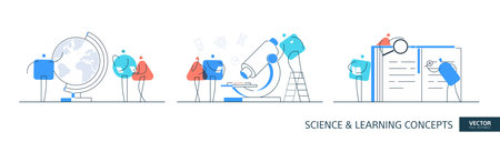 Scientific research illustrations set in thin line style. School laboratory abstract linear vector design concepts. Microscope chemistry flat icons. Tiny geometric people team.のイラスト素材