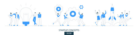 Startup solution illustrations set in thin line style. Creative idea abstract linear vector design concepts. Technology communication flat icon. Business people characters team work. Start up projectのイラスト素材