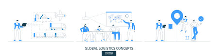 Supply chain, delivery service illustrations set in thin line style. Global import and export abstract linear vector design concepts. Logistics order flat icons. Business people characters team work.のイラスト素材