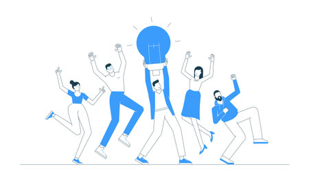 Vector illustration of a happy business team celebrating a new idea, with a leader holding a glowing lightbulb. Concept of teamwork, creativity, innovation, energy, communication and corporate successのイラスト素材