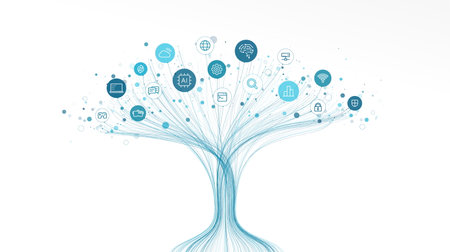 Linear vector illustration, AI powered growth tree with digital technology icons. Neural network...