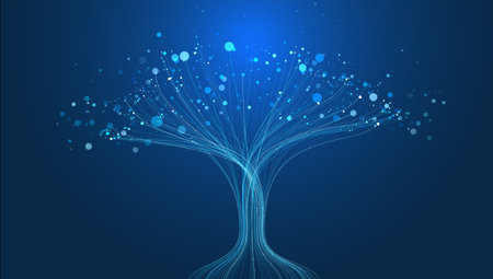 Futuristic growth tree, line and dot connections. Neural network, circuit flow background. Digital technology, big data science concept. Abstract vector for analysis system, modern business, ai designのイラスト素材
