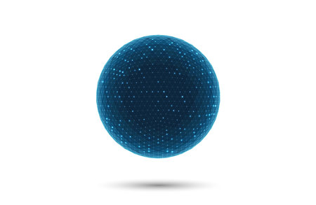 Polygonal 3D sphere, blue glow on wireframe nodes. Abstract geometric for data network, artificial intelligence, and digital technology. Futuristic low poly earth concept. Vector on white background.のイラスト素材