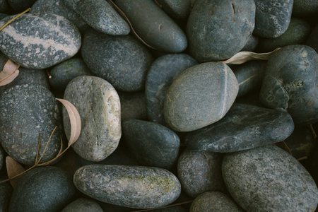Pebbles on the beach, top view. Stones background.の写真素材