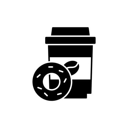 Coffee cup and donut icon  in solid black flat shape glyph icon, isolated on white backgroundのイラスト素材