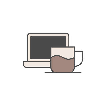 coffee cup and laptop icon  in color icon, isolated on white backgroundのイラスト素材