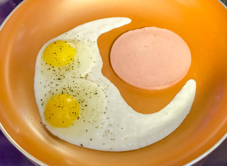 Two fried eggs and bologna.  Delicious high protein breakfast.の写真素材